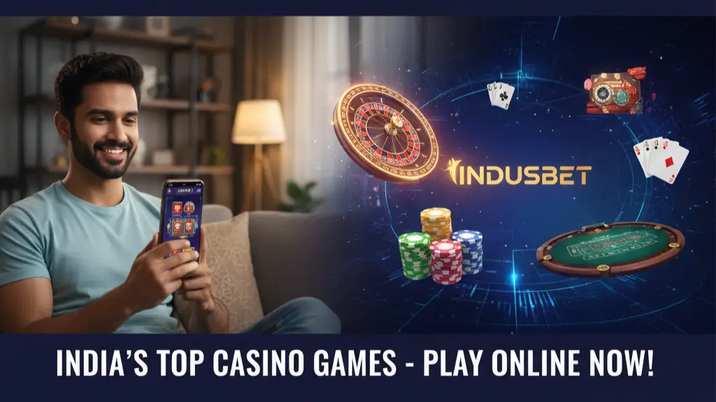 mostly-played-casino-games-india Man using smartphone to play online casino; roulette wheel, poker cards, chips, table; India gaming theme