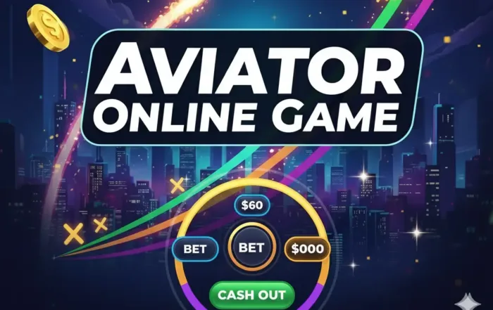Graphic for the Aviator game, a social multiplier betting experience with a plane, betting controls, and a nighttime city background.
