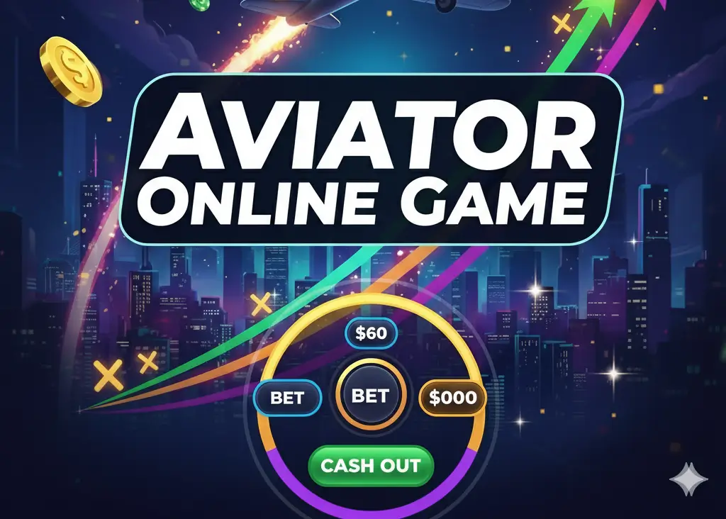 Aviator Online Game Graphic for the Aviator game, a social multiplier betting experience with a plane, betting controls, and a nighttime city background.
