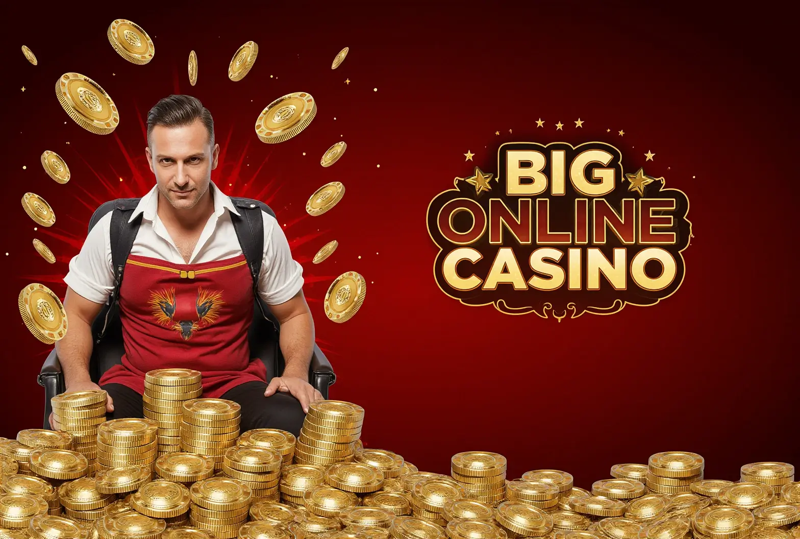 High roller at a Big Bet Online Casino with massive gold coin piles, showcasing exclusive VIP gaming.