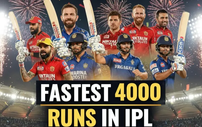 Image featuring top IPL batsmen celebrating 4000 runs, with "FASTEST 4000 RUNS IN IPL" overlay. Fireworks in background.