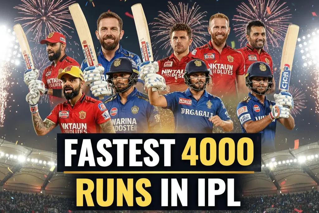 Fastest 4000 Runs in IPL Image featuring top IPL batsmen celebrating 4000 runs, with "FASTEST 4000 RUNS IN IPL" overlay. Fireworks in background.