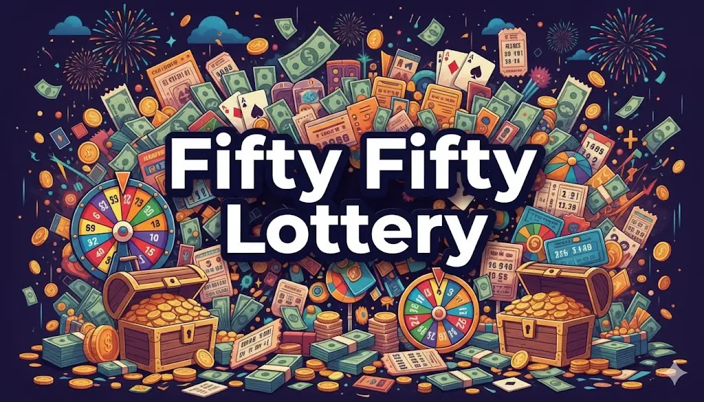 Illustration of Fifty Fifty Lottery surrounded by flying cash, lottery tickets, prize wheels, and treasure chests filled with gold coins.