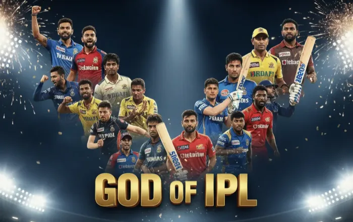 Feature image titled 'GOD OF IPL' showing a group of famous Indian Premier League cricketers in team jerseys holding bats on a stadium background.