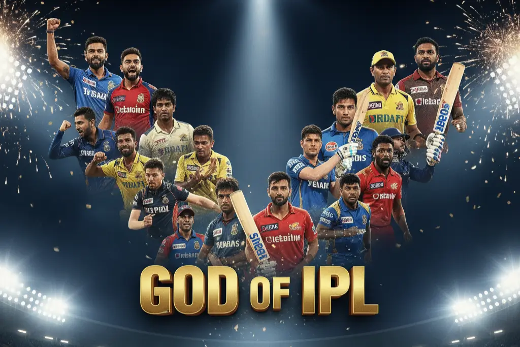 God of IPL Feature Image Feature image titled 'GOD OF IPL' showing a group of famous Indian Premier League cricketers in team jerseys holding bats on a stadium background.