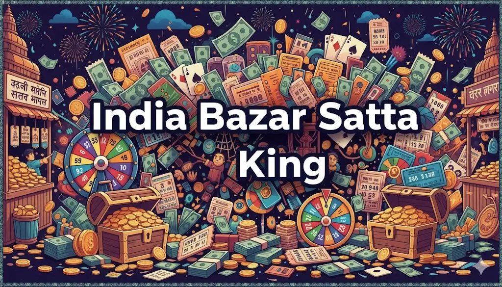 India Bazar Satta King betting game illustration with money, gold coins, and lottery wheels.