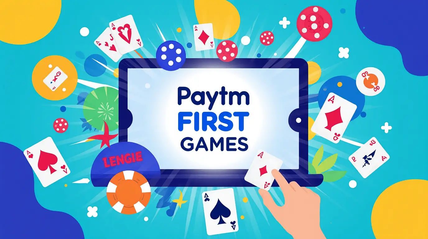 Colorful illustration of the Paytm First Games platform with various game elements like Aces, dice, and tokens on a blue background.