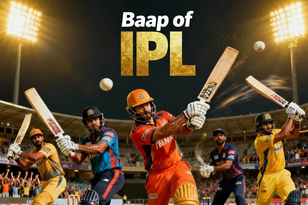 IPL cricketers batting under floodlights with the title "Baap of IPL".