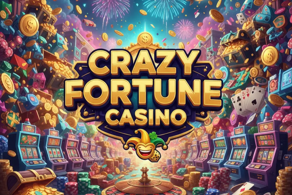 Crazy Fortune Casino logo with gold coins, slot machines, roulette, playing cards, and festive fireworks