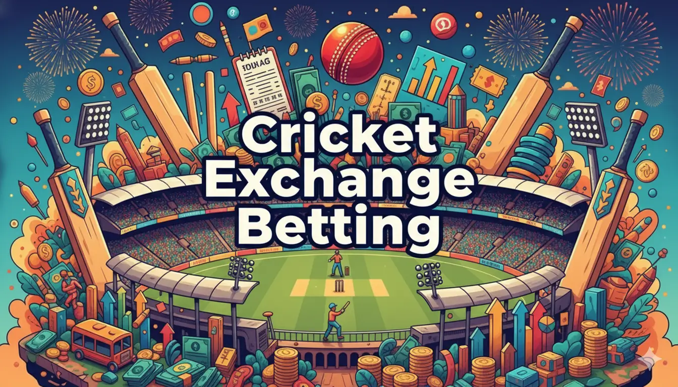 cricket-exchange-betting-illustration Vibrant illustration depicting cricket exchange betting with stadium, bats, balls, money, and dynamic betting elements
