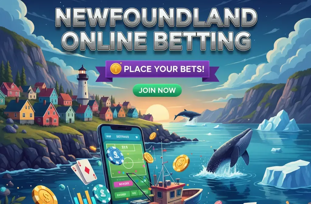Newfoundland online betting concept image showing a smartphone with a soccer wager screen and a traditional NL coastal village