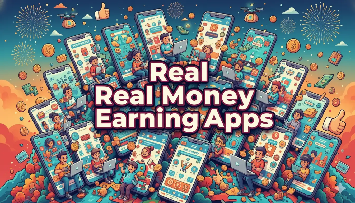 real-money-earning-apps-india Real money earning apps in India displayed on multiple smartphones with users playing games and earning cash rewards