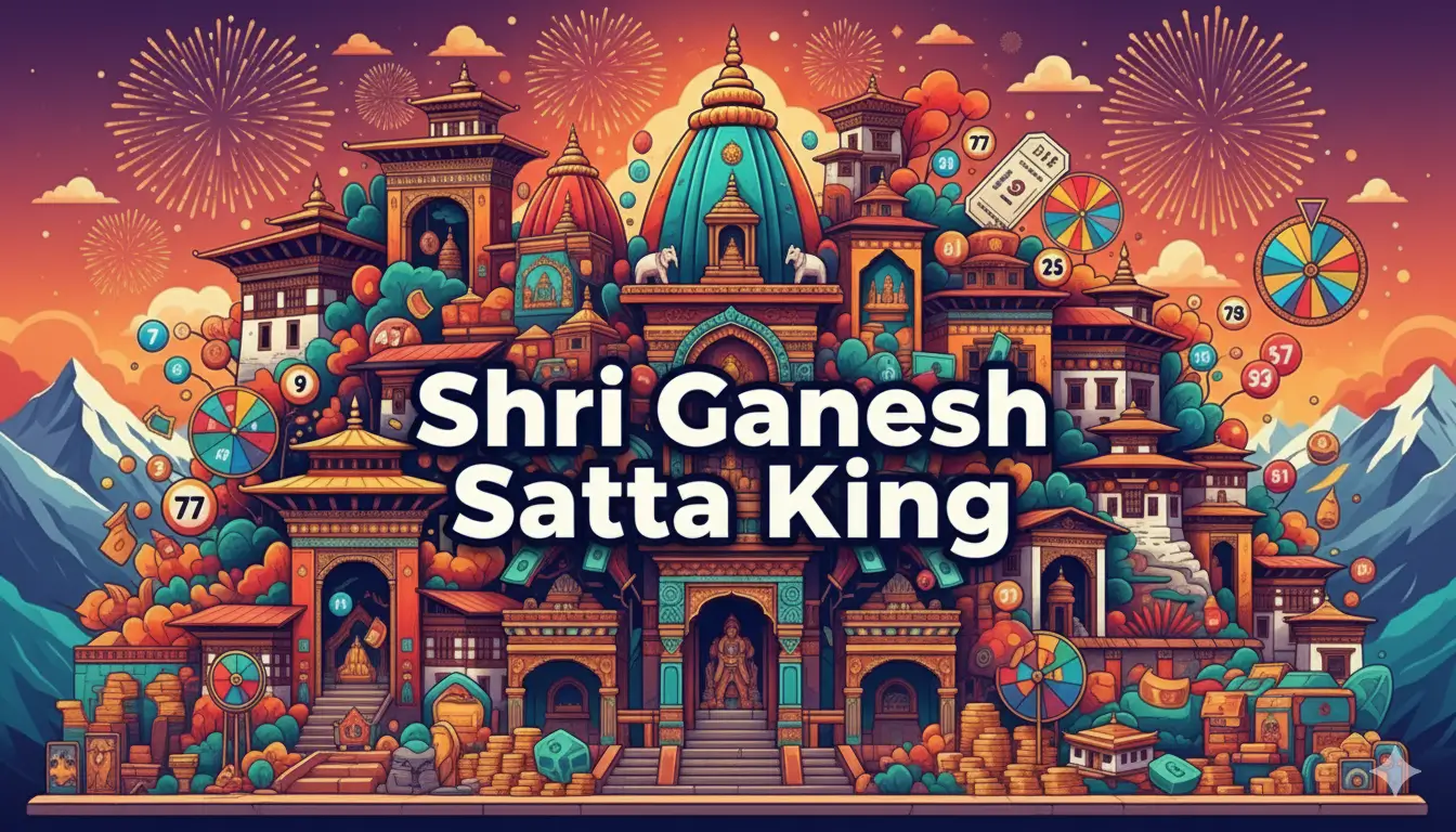 shri-ganesh-satta-king-game Colorful Shri Ganesh Satta King graphic featuring lottery numbers, chart elements and festive architecture
