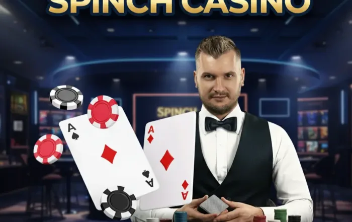 Professional casino host with poker chips and winning aces; visual for Spinch Casino no deposit bonus.