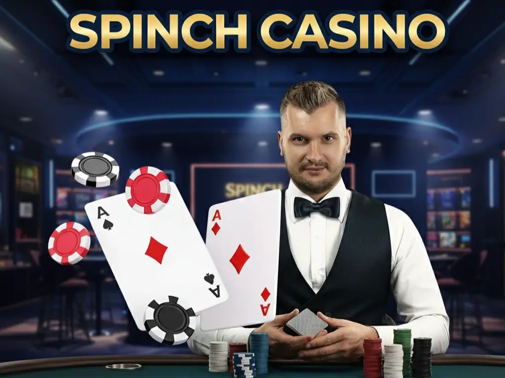 Professional casino host with poker chips and winning aces; visual for Spinch Casino no deposit bonus.