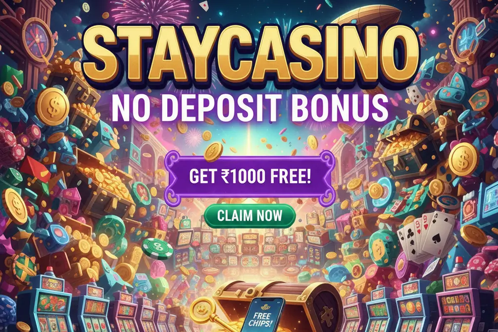 illustration for StayCasino offering a No Deposit Bonus; features casino chips, gold coins, and a key to free chips.